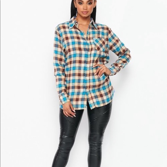 NEW FALL UNISEX TRENDY BLUE MULTI PLAID FLANNEL LONG SLEEVE BUTTON UP SHIRT - Picture 2 of 8